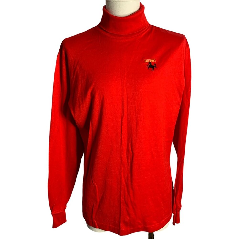 Vintage 80s Ferrari Turtleneck Shirt XL Red Embroidered Long Sleeve Cotton Lisle